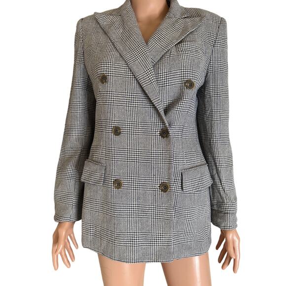 Lauren Ralph Lauren houndstooth/plaid wool & silk blend blazer jacket Navy/beige - Picture 2 of 8